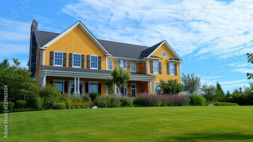 a side of angle view of A goldenrod yellow house with siding, in a suburban environment. Showcases time-honored windows and shutters, on an expansive property, under a summer noon sky