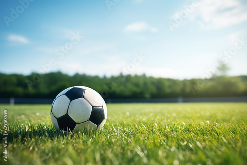 a soccer ball sitting on the grass on the field near the goal,