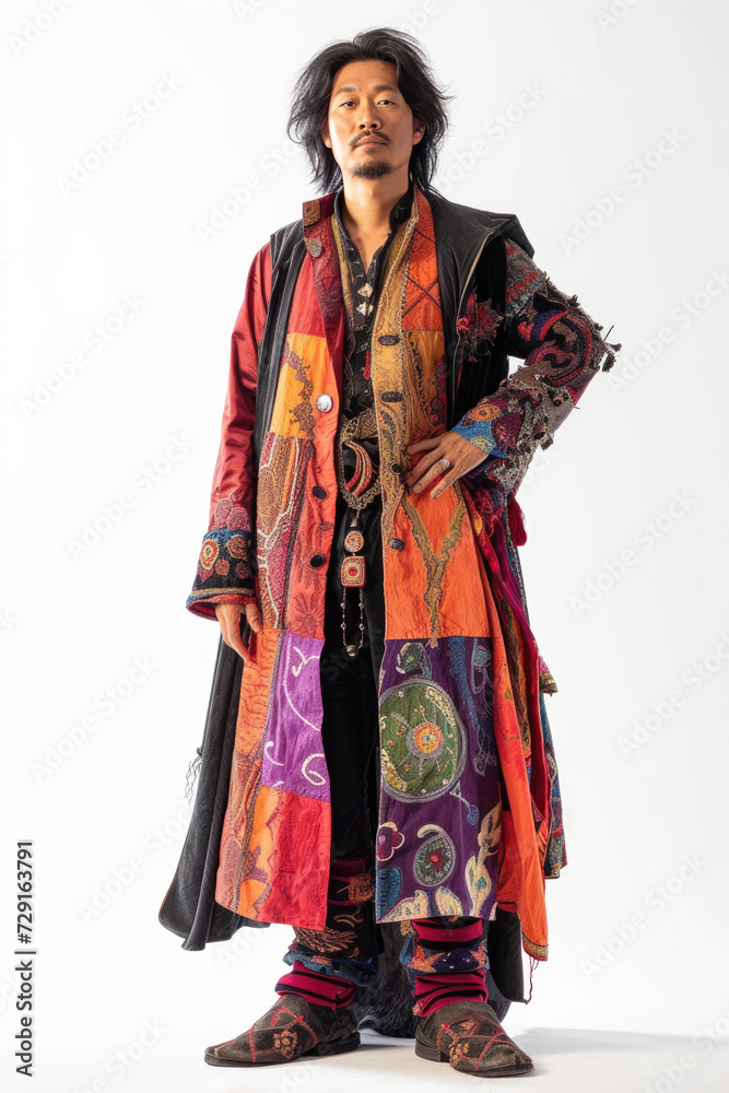 Asian man wearing Bohemian attire, standing , white background Asian man wearing Bohemian attire, standing , white background
