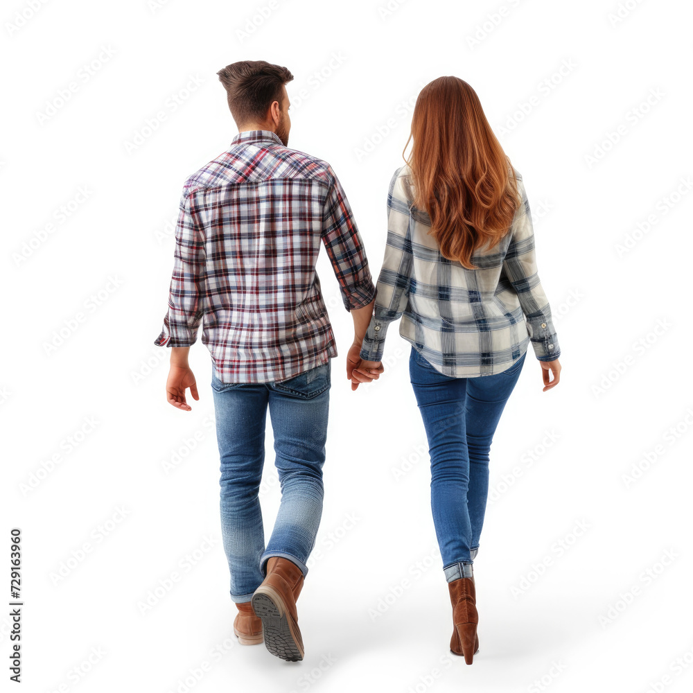 couple wearing Casual attire, walking forward, white background