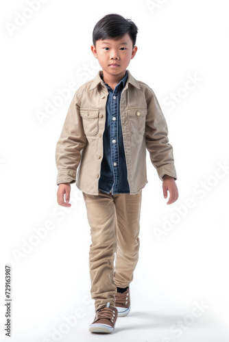 Asian boy wearing Casual attire, walking forward, white background