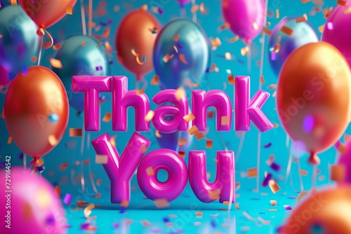 Thank you 3d letters on festive blue background. greeting card with balloons, appreciation milestone celebration