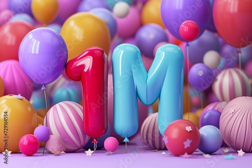 One million subscribers party celebration. Milestone 1M social media. 3d letters with balloons