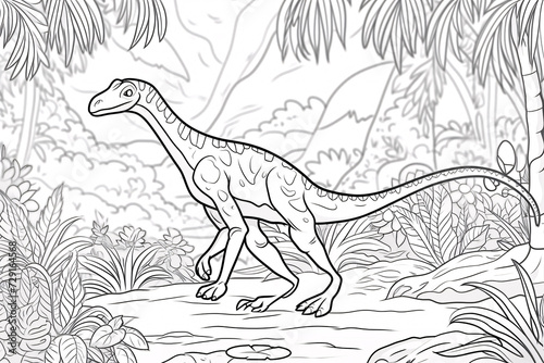 Coelophysis Dinosaur Black White Linear Doodles Line Art Coloring Page  Kids Coloring Book