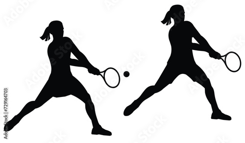 Two black silhouettes of women's tennis girl player who hits the ball with a racket holding it with two hands at backhand