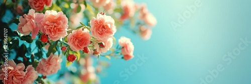 spring background with a branch of peach-colored rosehip on a blue sky background. banner with place for text. concept spring, flowers, March 8, poster, rosehip, pink