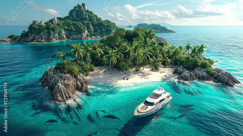 Aerial view of Yacht on a very beautiful tropical island, summer holidays concept