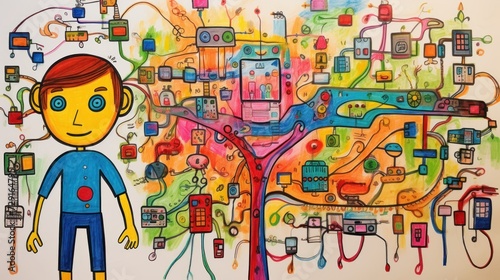 A child's drawing of artificial intelligence with colored pencils or felt-tip pens. concept robots, ai, future, present, technology