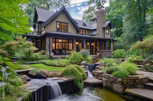 A taupe craftsman twillight cottage with a backyard and a series of small, cascading waterfalls
