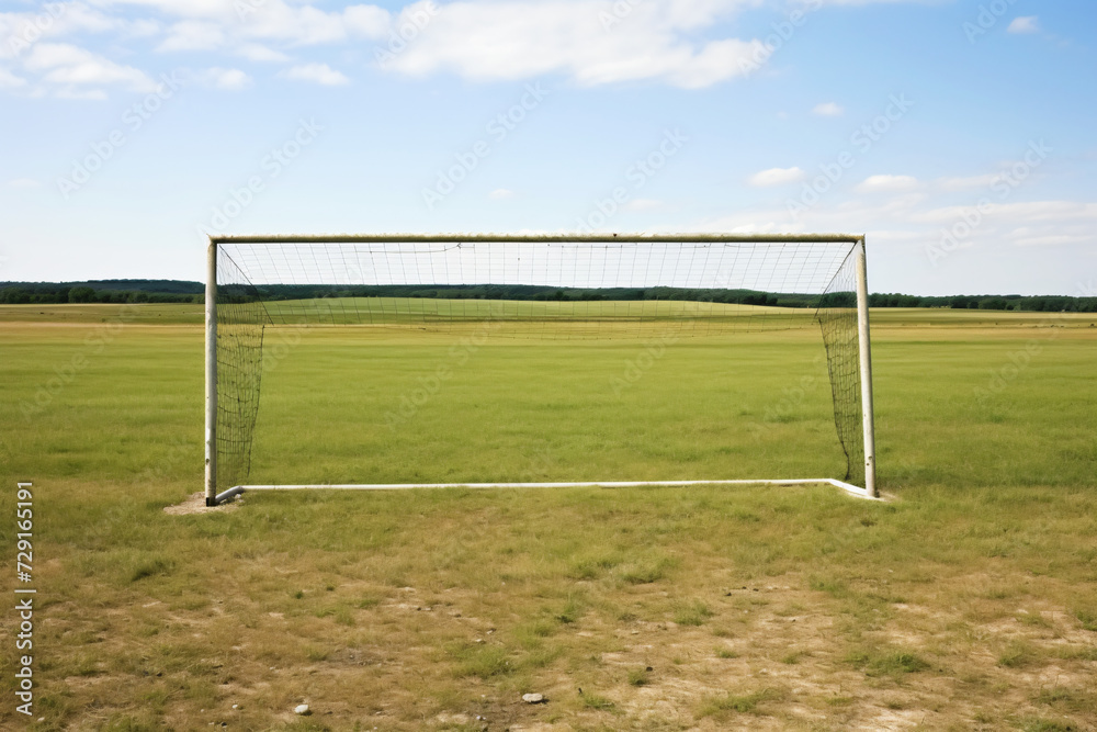 soccer goal empty for playing purpose, grass, green, yellow, red, sand, in the style of large canvas format
