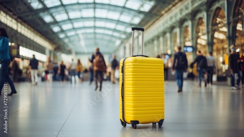 a yellow colored suitcase on a station or airport platform, with a blurry room and people in the background. concept travel, trip, things, suitcases, luggage