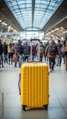a yellow colored suitcase on a station or airport platform, with a blurry room and people in the background. concept travel, trip, things, suitcases, luggage