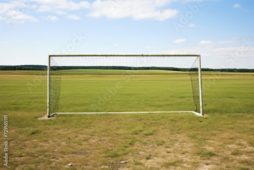 soccer goal empty for playing purpose, grass, green, yellow, red, sand, in the style of large canvas format