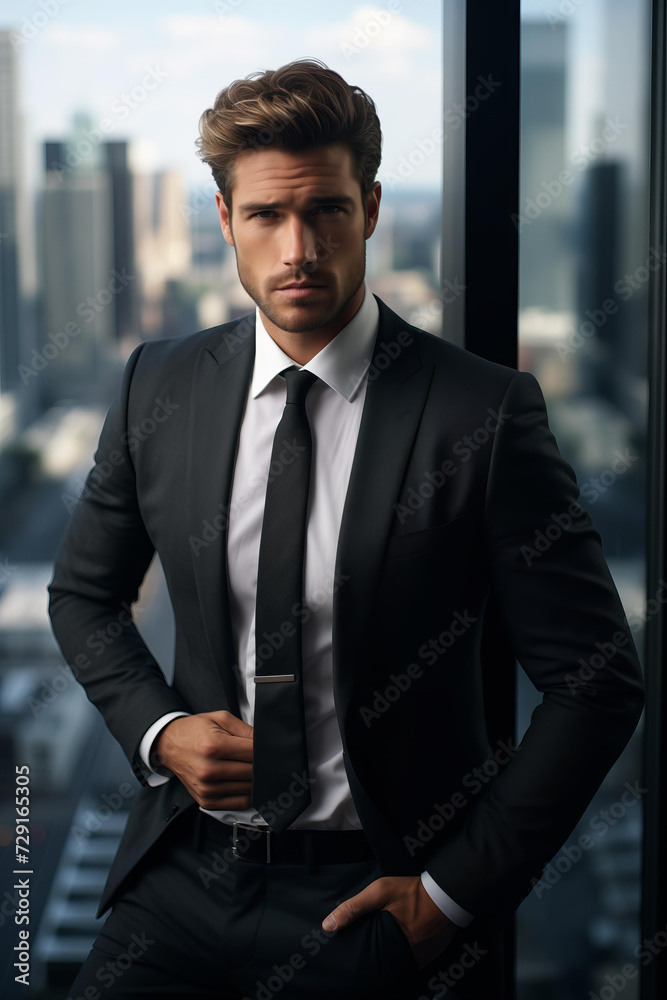 hot and attractive youn man, billionaire, millionaire, wearing a luxurious black suit.