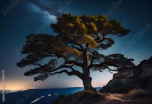 sky at night with stars and big tree on cliff in minimal dark style