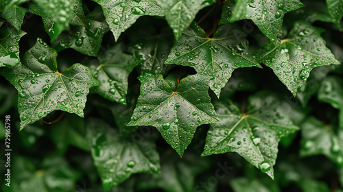 Close-up of green leaves with fresh raindrops, capturing the natural beauty and intricate details of flora in a vibrant and lush environment