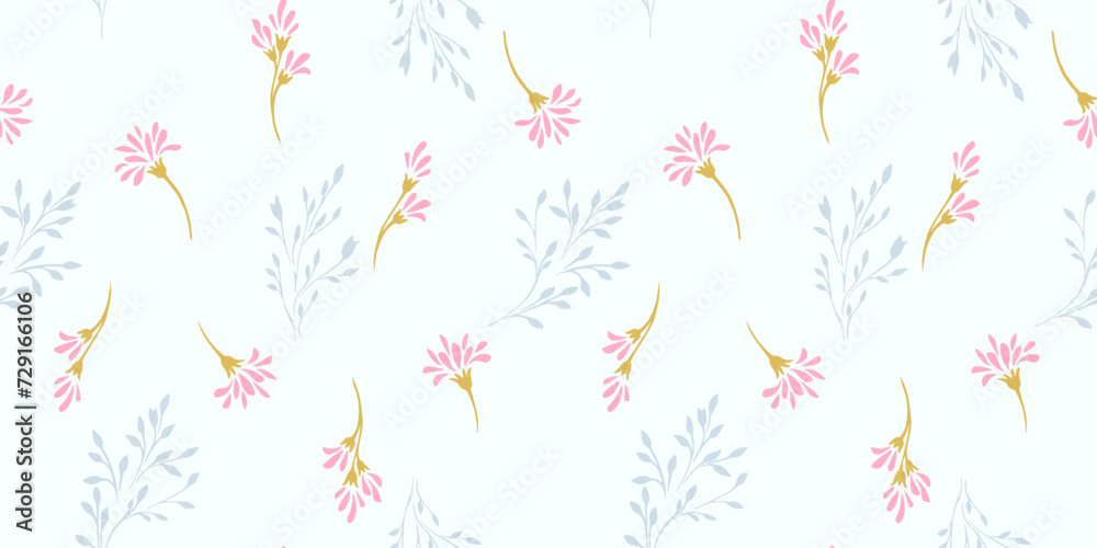 Minimalist simple seamless pattern with tiny branches flowers with drops, spots. Cute creative shapes floral scattered randomly on a light background. Vector hand drawn sketch. Template for design
