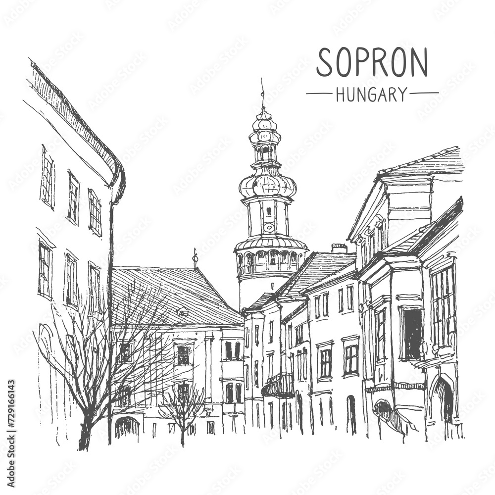 Travel sketch illustration of Sopron in the Kingdom of Hungary, Europe. Sketchy line art drawing with a pen on paper. Hand drawn. Urban sketch in black color isolated on white background. Vector