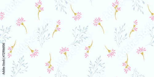 Minimalist simple seamless pattern with tiny branches flowers with drops, spots. Cute creative shapes floral scattered randomly on a light background. Vector hand drawn sketch. Template for design
