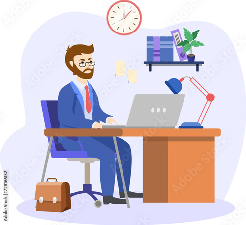 Boss illustration. Director office. Interior businessman sitting at the table vector office cartoon picture. Office desk, manager room, interior, of director cabinet illustration