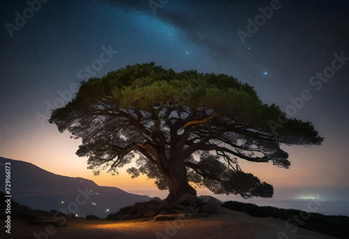 sky at night with stars and big tree on cliff in minimal dark style