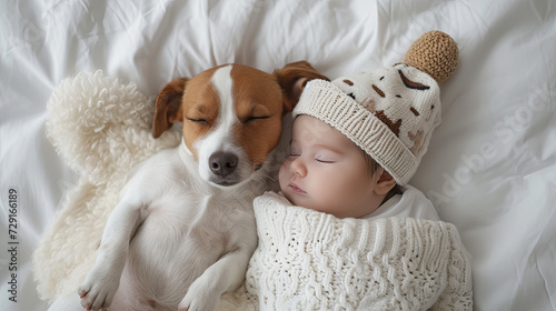 newborn baby is sleeping with Jack Russell dog. 