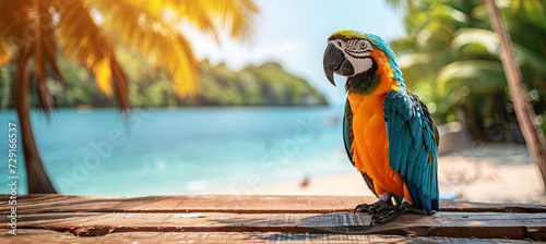 blue and yellow Macaw parrot on the tropical beach background