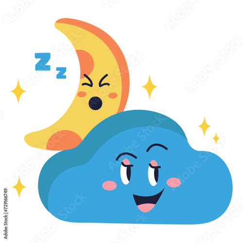 Weather sticker of colorful set. This cartoon design feature a lovable moon and cloud on a white background. Vector illustration.