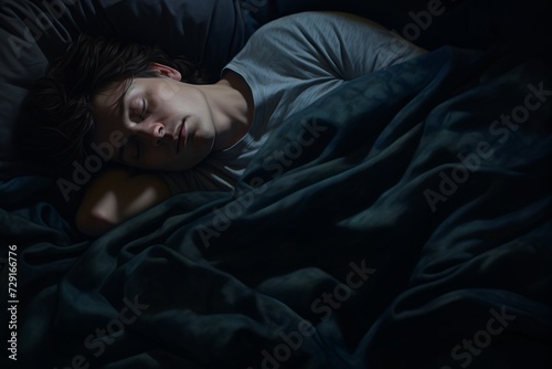 Young Caucasian man peaceful sleeping laying dark night bedroom napping relaxed calm guy sleep dreaming relaxing resting at nighttime in comfortable bed orthopedic mattress dreams dark room top view