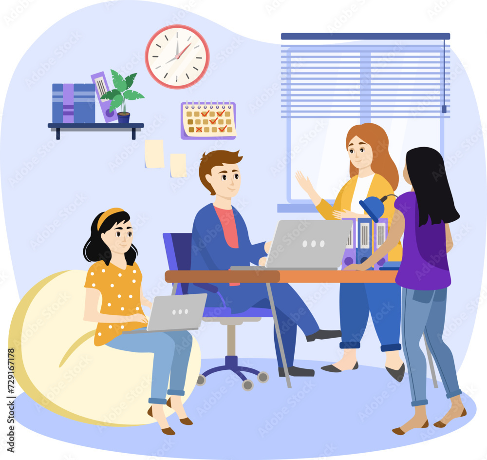 Business people characters working in the office. Minimal co-working space. Group of working office employees. Startup vector illustration.