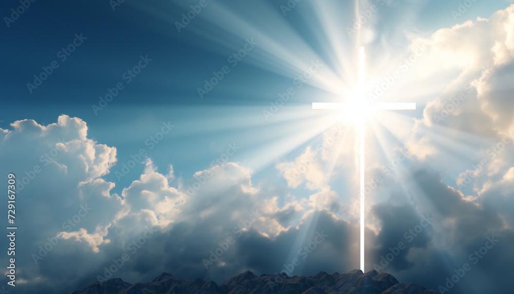 Recreation of a celestial white cross shining with blue sky and white clouds in background - obrazy, fototapety, plakaty 