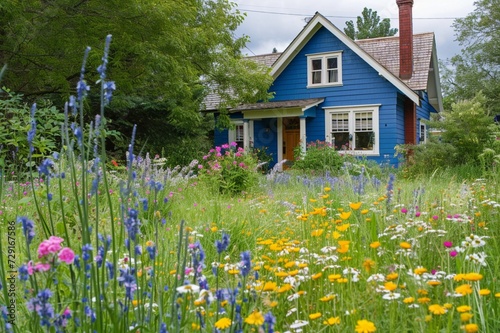 An indigo craftsman cottage with a green, wildflower-dotted meadow as a backyard