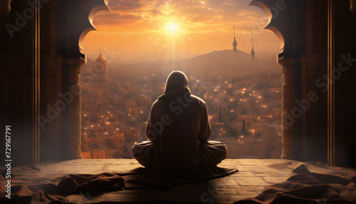 Recreation of a man with robe and hood praying with a muslim city at background photo
