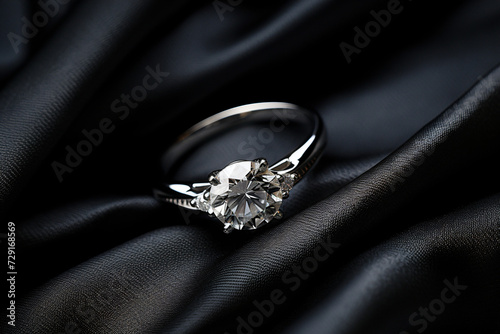 A beautiful diamond and platinum engagement ring presented on black silk cloth photo
