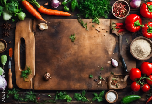 Tavola Rustica- Ingredienti per Cucina Vegana su Vecchio Tagliere photo