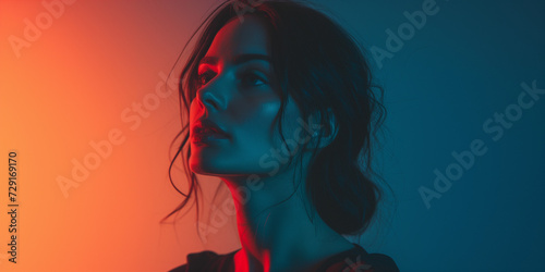 Striking woman in profile with red and blue lighting, highlighting her sharp features and serene expression photo