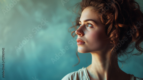 Dreamy woman with curly hair looking away, soft light on her face, against a textured turquoise backdrop photo
