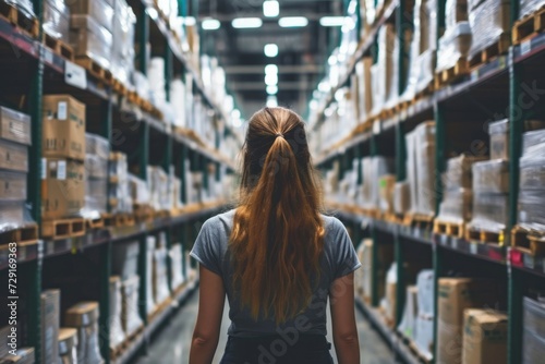 Young woman experienced shipping female manager checking parcel tracking post service store assistant in warehouse logistics transportation holding cargo delivery order for shipment online store shelf photo