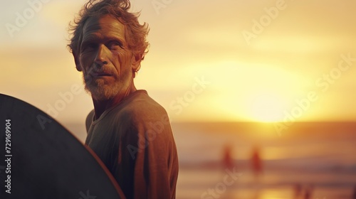 Portrait of a senior man with surfboard on the beach at sunset. Sport concept. Vacation and Travel Concept with Copy Space. © John Martin
