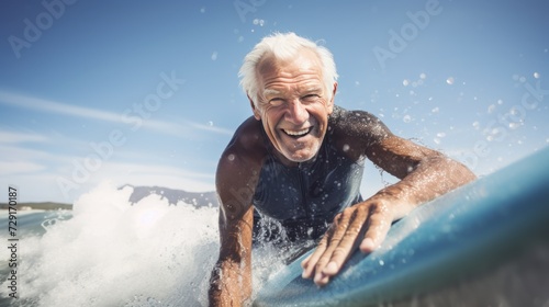 Portrait of senior man on surfboard at beach on a sunny day. Sport concept. Vacation and Travel Concept with Copy Space. © John Martin