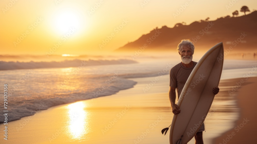 Senior man with surfboard on the beach at sunset, active senior lifestyle. Sport concept. Vacation and Travel Concept with Copy Space.