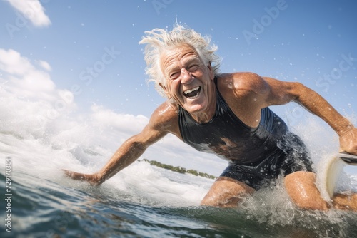 Senior man surfing in ocean on a sunny day - Active senior people concept. Sport concept. Vacation and Travel Concept with Copy Space. © John Martin