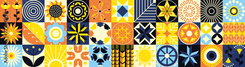 A large set of  Easter abstract geometric conceptual patterns. Live plants of a simple shape in the old style of Ukrainian embroidery. Scandinavian style. Mosaic pattern. Retro colors