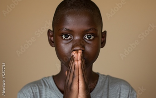 Young Boy With Folded Hands in Front of Face