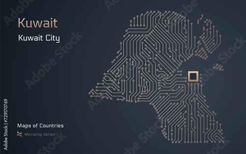 Kuwait Map with a capital of Kuwait City Shown in a Microchip Pattern with processor. E-government. World Countries vector maps. Microchip Series 