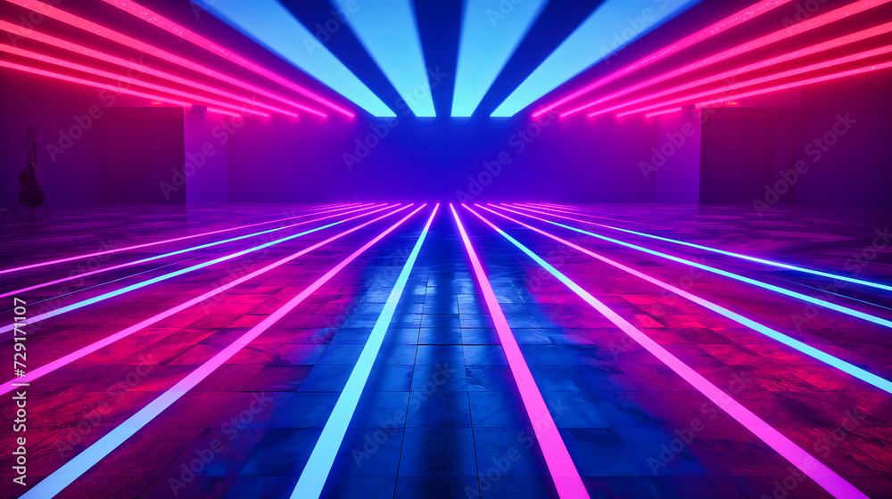 Vibrant neon lights in a futuristic setting, creating an electrifying and modern atmosphere with bright colors and geometric patterns