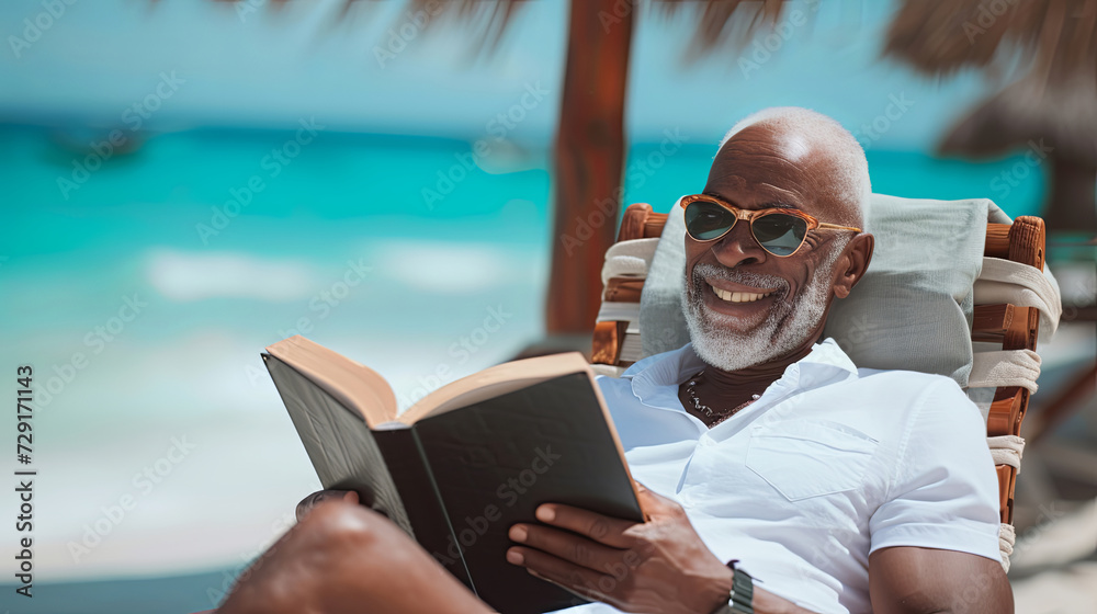 African American senior man reading a book on a beach chair 