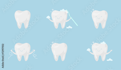 Set of various kawaii teeth, vector illustration. White tooth icon. Dental care. Tooth care. Dentistry.	