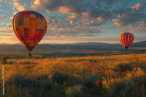 Hot air balloon floating above a picturesque landscape during the golden hour. Beautiful tuscan landscape in Italy at sunset in summer. Countryside landscape background.