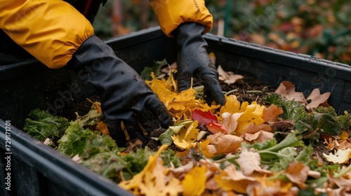 Composting of kitchen waste. A woman buries fruit, vegetables peels and egg shells in the soil in the garden. Separation and reduction of household waste
